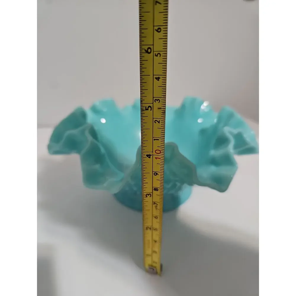 Fenton Aqua Milk Glass Three Horn Hobnail Epergne Vase/Bowl Mint Condition